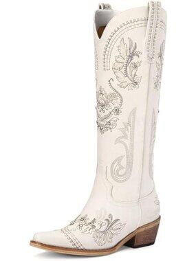 Women's Wide Calf Knee High Sparkly Rhinestone Western Country Boots Beige